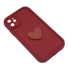 Чехол накладка для APPLE iPhone 11, силикон, 3D сердце, защита камеры, бортики, цвет бордовый