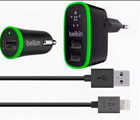 Сетевое зарядное устройство 3in1 Belkin, АП сет. 2.1А/2USB, АП авто 2.1А/1USB, кабель для Iphone 5/6.