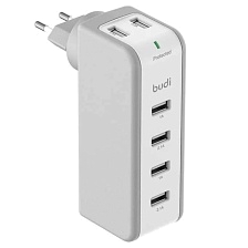 СЗУ (Сетевое зарядное устройство) BUDI M8J301E c 6 USB выходами, 2 USB x 0.5A, 2 USB x 1A, 2 USB x 2.1A, бежево белый