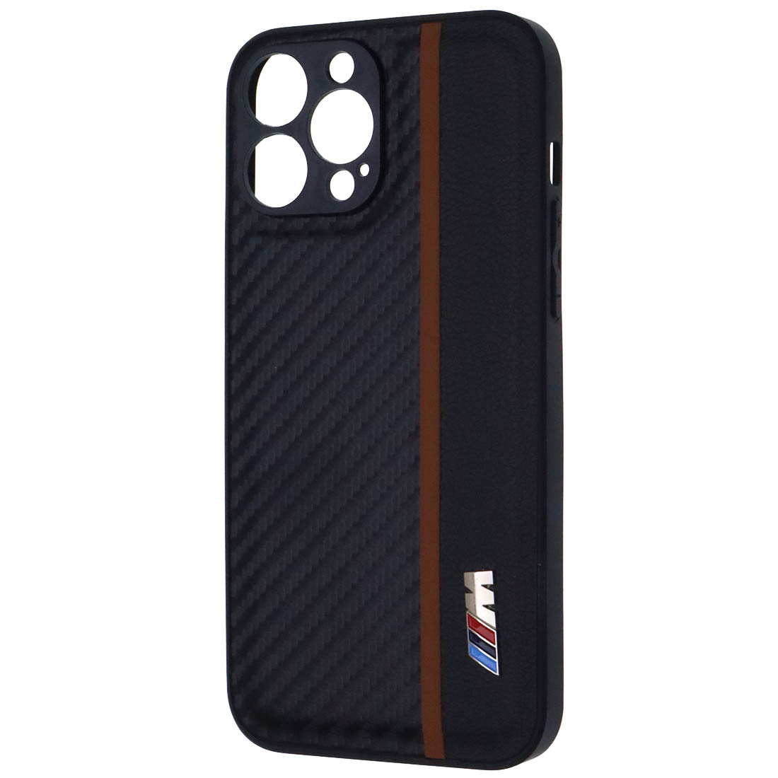 Чехол накладка для APPLE iPhone 13 Pro Max, силикон, карбон, экокожа, защита камеры, знак BMW M серии, цвет черный с коричневой полоской