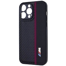 Чехол накладка для APPLE iPhone 14 Pro Max, силикон, карбон, экокожа, защита камеры, знак BMW M серии, цвет черный с бордовой полоской