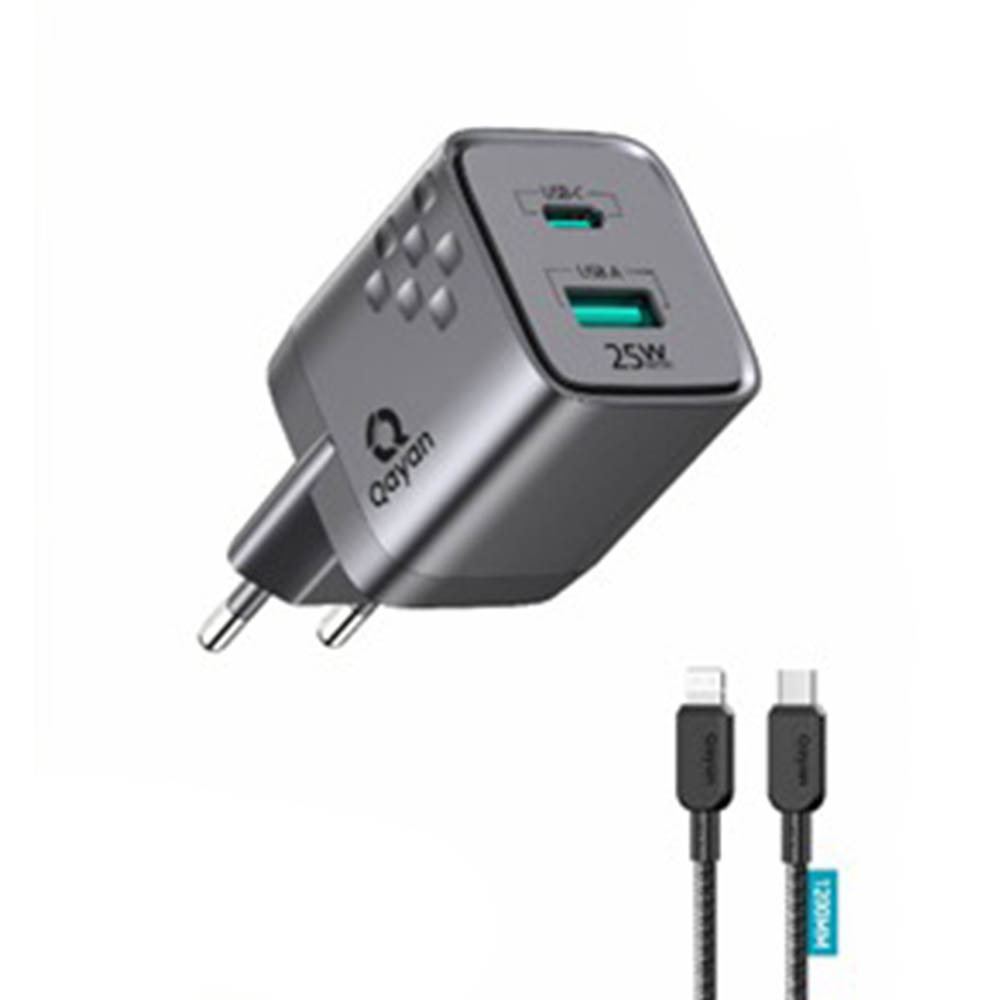 СЗУ (Сетевое зарядное устройство) QAYAN QHC-144 с кабелем USB Type C на Lightning 8 pin, 25W, PD25W, QC3.0, 1 Type C, 1 USB, GaN25W, длина 1.2 метра, цвет черный