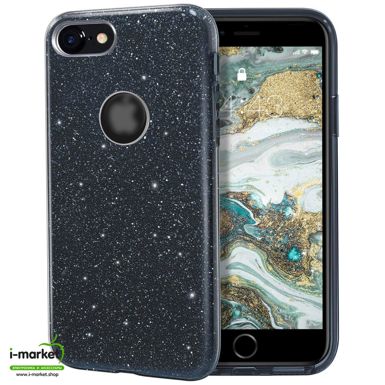Чехол накладка Shine для APPLE iPhone 7, 8, силикон, блестки, цвет черный