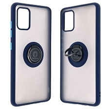 Чехол накладка для SAMSUNG Galaxy A51 (SM-A515), силикон, пластик, кольцо держатель, цвет окантовки темно синий