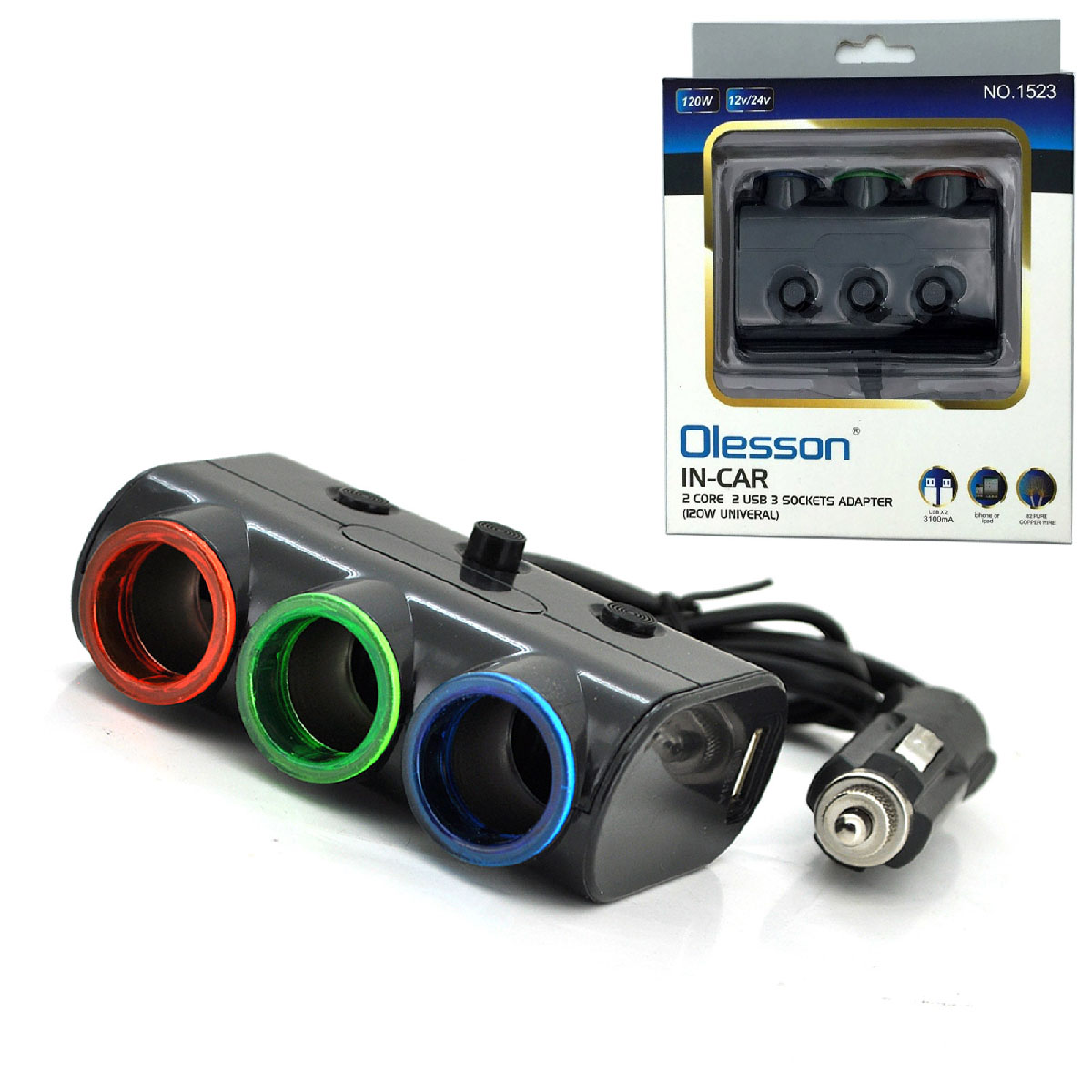 OLESSON 1523 Автомобильный разветвитель 120W 12/24V на 3 выхода прикуривателя + 2 USB входа на 5V-3100mA с кнопкой выключения 3-х прикуривателей, цвет черный.