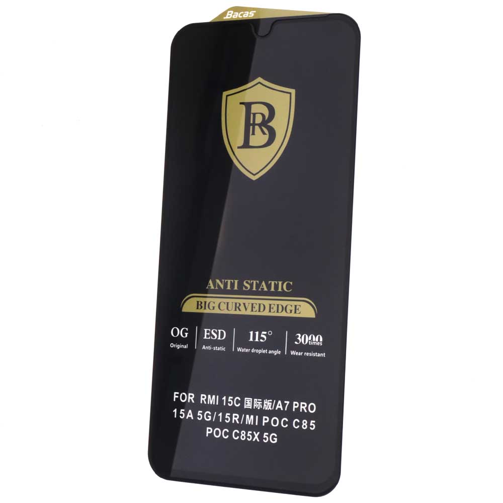 Защитное антистатическое стекло BACAS OG ESD QC F004 6/4 для XIAOMI Redmi 15C 4G, Redmi A7 Pro, POCO C85, цвет окантовки черный
