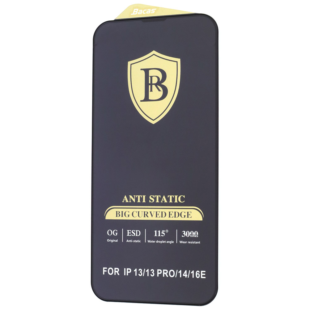 Защитное стекло BACAS Anti-Static для APPLE iPhone 13, iPhone 13 Pro, iPhone 14, iPhone 16e, цвет окантовки черный