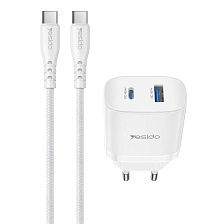 СЗУ (Сетевое зарядное устройство) YESIDO YC110 с кабелем USB Type C на USB Type C, 45W, 1 USB A, 1 USB Type C, PD45W, QC 18W, длина 1 метр, цвет белый