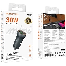АЗУ (Автомобильное зарядное устройство) BOROFONE BZ32A Fresh, 1 USB A, 1 USB Type C, 30W, PD30W, QC3.0 18W, цвет темно серебристый