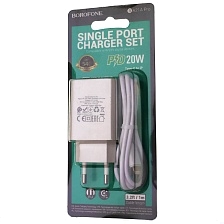 СЗУ (Сетевое зарядное устройство) с кабелем USB Type-C на Lightning 8 pin BOROFONE BA21A Pro, 20W, 3A, 1 TYPE-C, PD20W, цвет белый
