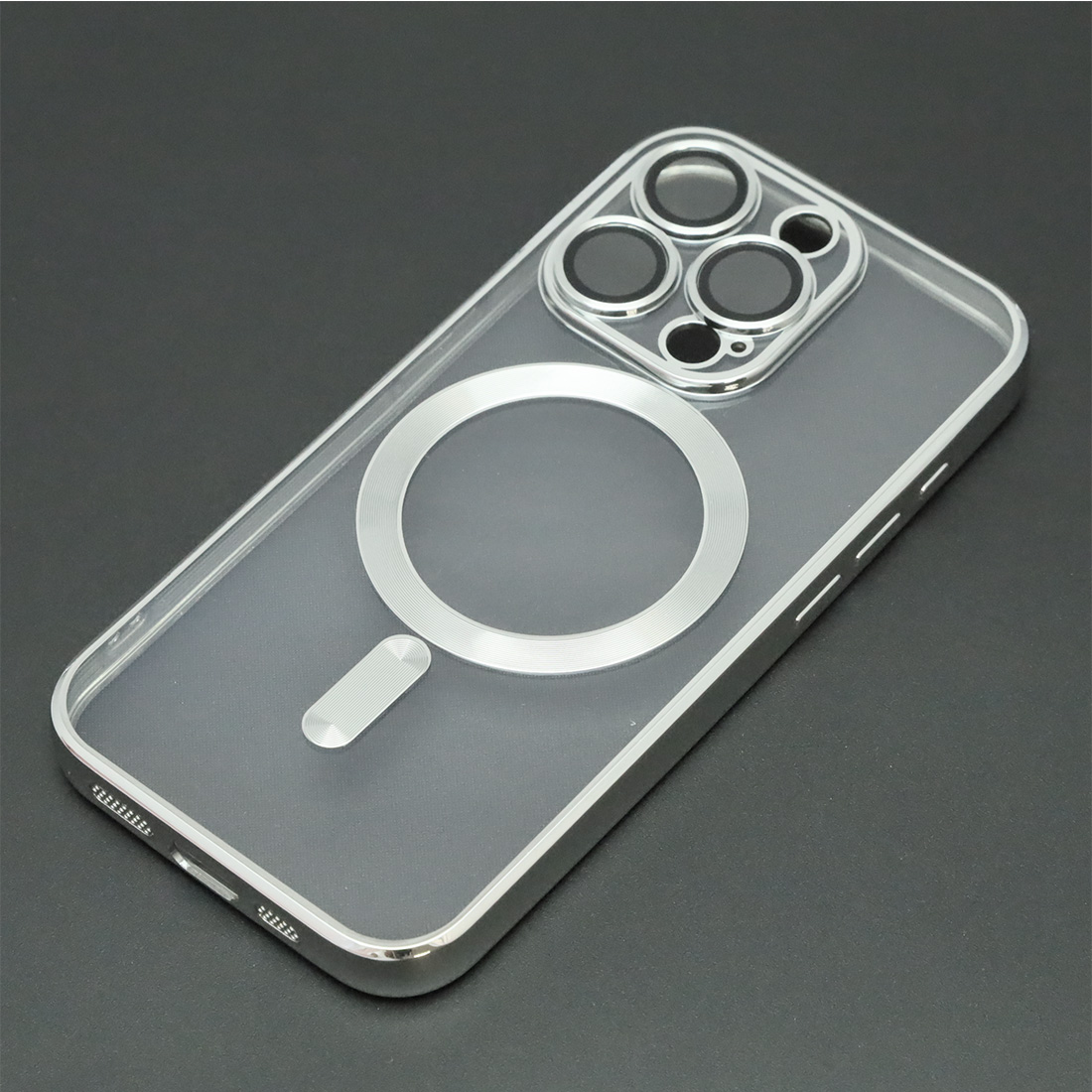 Чехол накладка FASHION CASE для APPLE iPhone 15 Pro, с поддержкой MagSafe, силикон, защита камеры, цвет окантовки серебристый