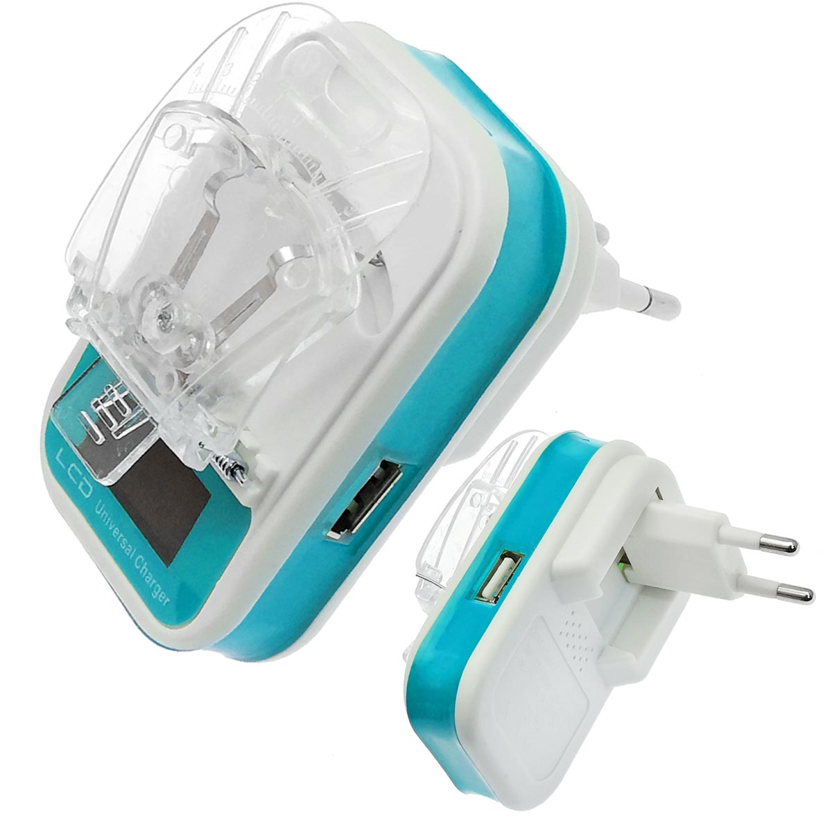 УСЗУ (универсальное сетевое зарядное устройство) LP-120 Лягушка с LCD дисплеем и USB выходом 5V-1.2A, классическая, цвет бело голубой