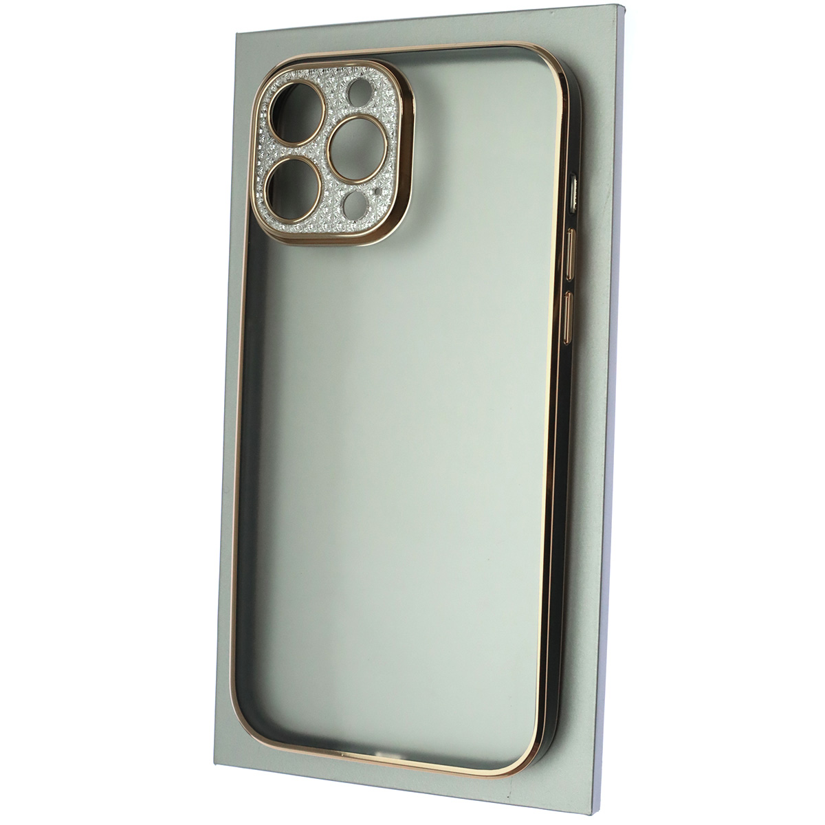 Чехол накладка для APPLE iPhone 13 Pro Max (6.7), силикон, пластик, стразы, защита камеры, цвет окантовки золотисто черный