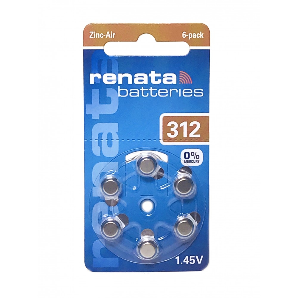 Батарейка RENATA ZA312 (PR41,AC312,DA312) BL6 для слуховых аппаратов