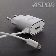 СЗУ (сетевое зарядное устройство) ASPOR A802P, с кабелем Lightning 8 pin, 2.4A, цвет белый