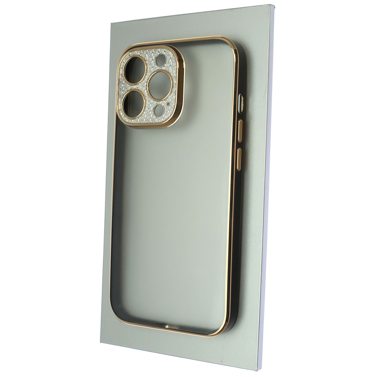 Чехол накладка для APPLE iPhone 13 Pro (6.1), силикон, пластик, стразы, защита камеры, цвет окантовки золотисто черный