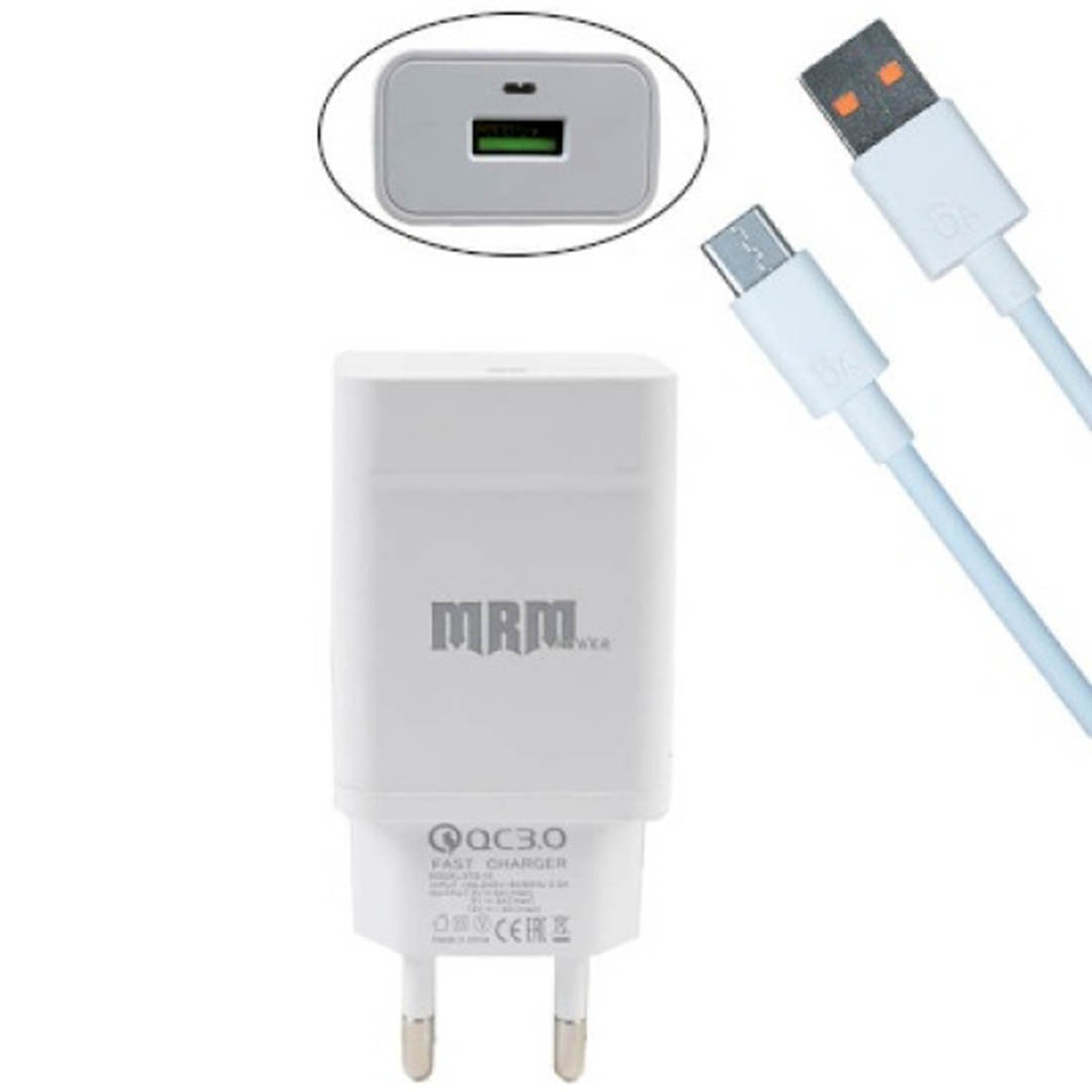 СЗУ (сетевое зарядное устройство) MRM S50t комплект 2 в 1, 1 USB, QC3.0 с кабелем Type C, цвет белый