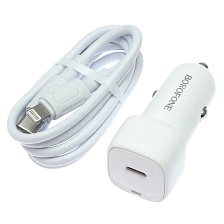 АЗУ (Автомобильное зарядное устройство) BOROFONE BZ34A Cloud с кабелем USB Type C на Lightning 8 pin, 1 USB Type C, PD20W, длина 1 метр, цвет белый