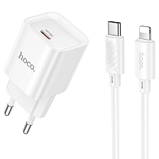 СЗУ (Сетевое зарядное устройство) HOCO C146A с кабелем USB Type C на Lightning 8 pin, 20W, 1 USB Type C, PD20W, длина 1 метр, цвет белый