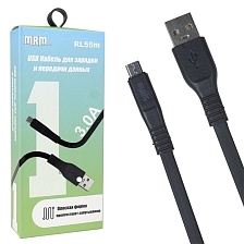 USB Дата кабель MRM RL55m Micro USB, силикон, плоский, длина 1 метр, 3.0 A, цвет черный