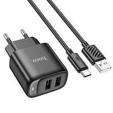 СЗУ (Сетевое зарядное устройство) HOCO C141A с кабелем USB Type C, 10.5W, 2.1A, 2 USB, длина 1 метр, цвет черный