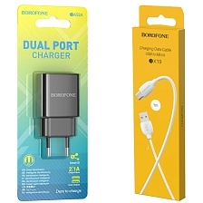 СЗУ (Сетевое зарядное устройство) с кабелем Micro USB, 2.1A, 2 USB A, длина 1 метр, цвет черно белый