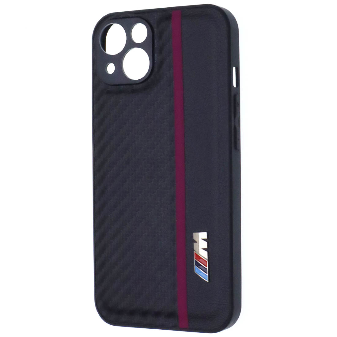 Чехол накладка для APPLE iPhone 13, силикон, карбон, экокожа, защита камеры, знак BMW M серии, цвет черный с бордовой полоской