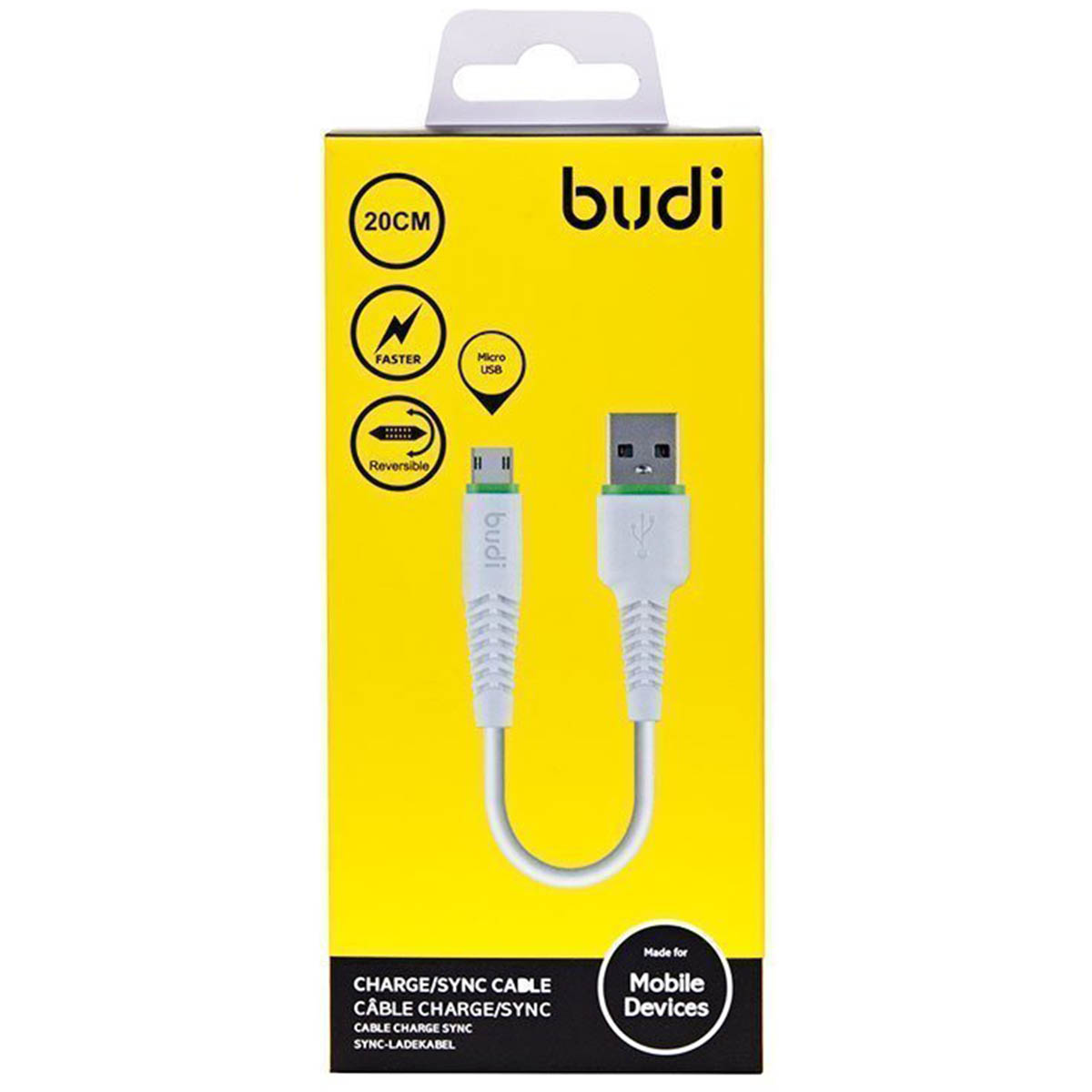 USB кабель BUDI для micro USB модель M8J150M20-WHT, быстрая зарядка, USB 2.0 длина 20 cм, цвет белый