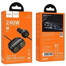 Автомобильный разветвитель с кабелем HOCO Z59, 240W 12/24V 2 выхода, 1 USB, 1 Type-C, PD30W, QC3.0, длина кабеля 75 см, цвет черный