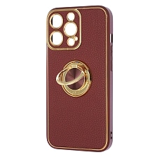 Чехол накладка для APPLE iPhone 13 Pro (6.1"), силикон, пластик, экокожа, металл, кольцо держатель, защита камеры, цвет темно бордовый