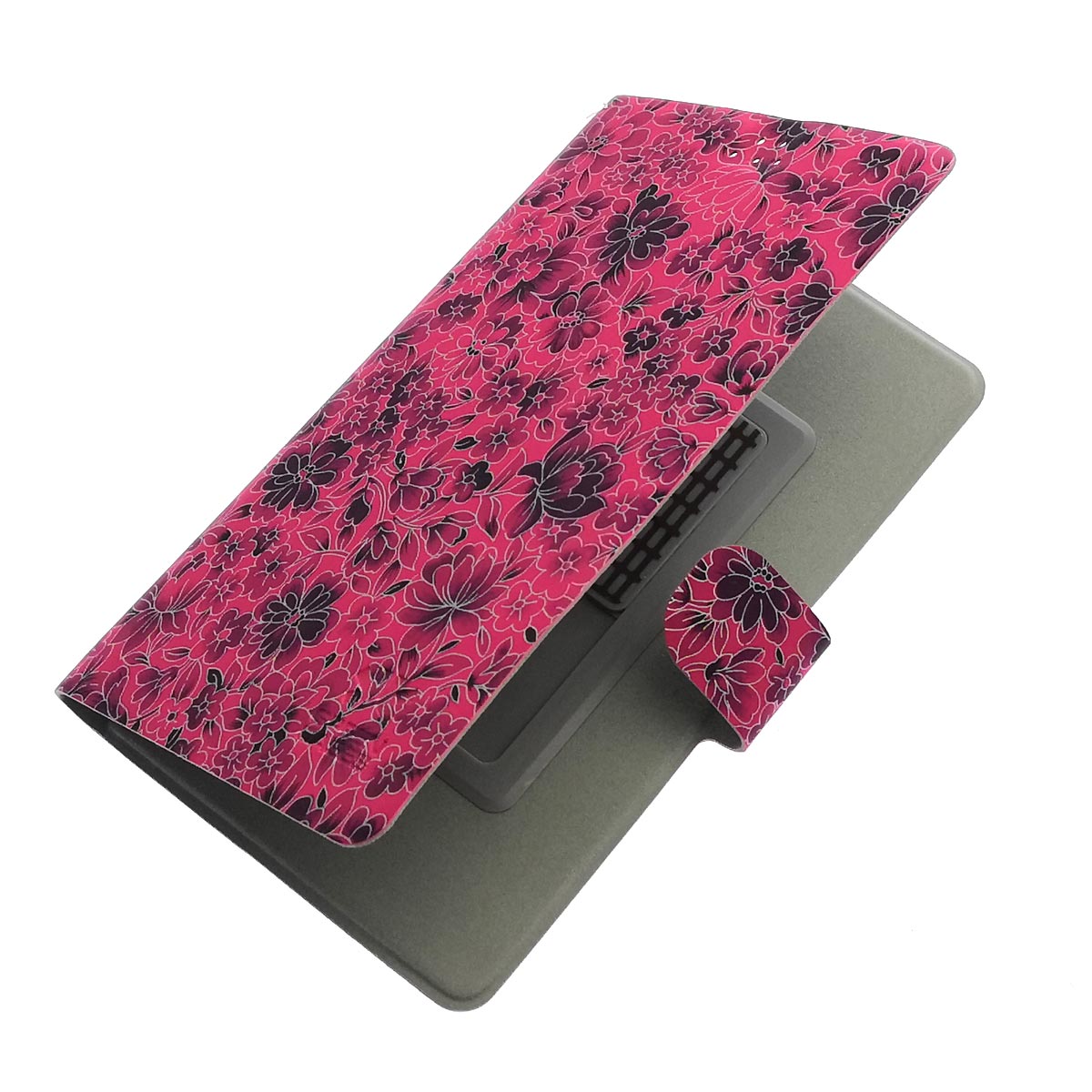 Чехол книжка универсальная GREEN CASES для смартфонов размером L, экокожа, цвет малиновый с цветочками
