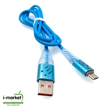 USB Дата-кабель "G03" micro USB силиконовый, длина 1 метр, цвет голубой, текстурированная оболочка, оранжевые контакты.