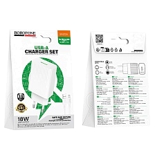 СЗУ (Сетевое зарядное устройство) BOROFONE BAS72A Source с кабелем Micro USB, 18W, QC3.0, длина 1 метр, цвет белый