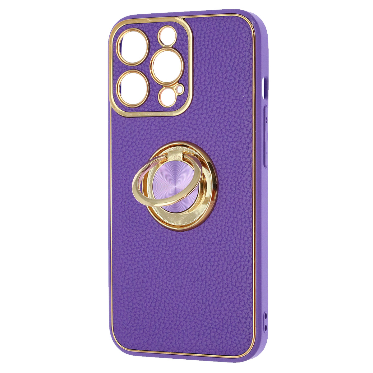 Чехол накладка для APPLE iPhone 13 Pro (6.1"), силикон, пластик, экокожа, металл, кольцо держатель, защита камеры, цвет фиолетовый