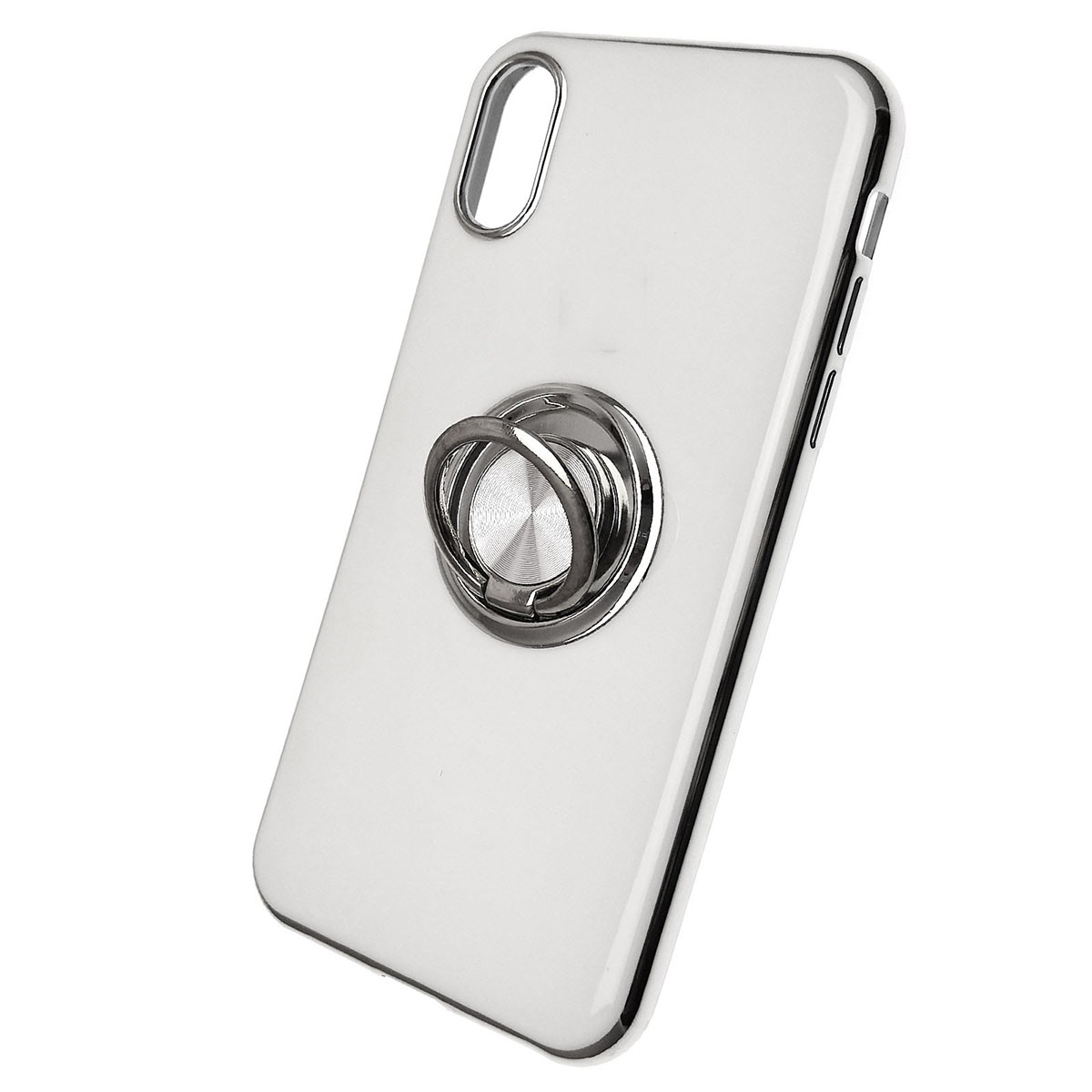 Чехол накладка для APPLE iPhone X, XS, силикон, глянец, с логотипом, кольцо держатель, цвет белый.