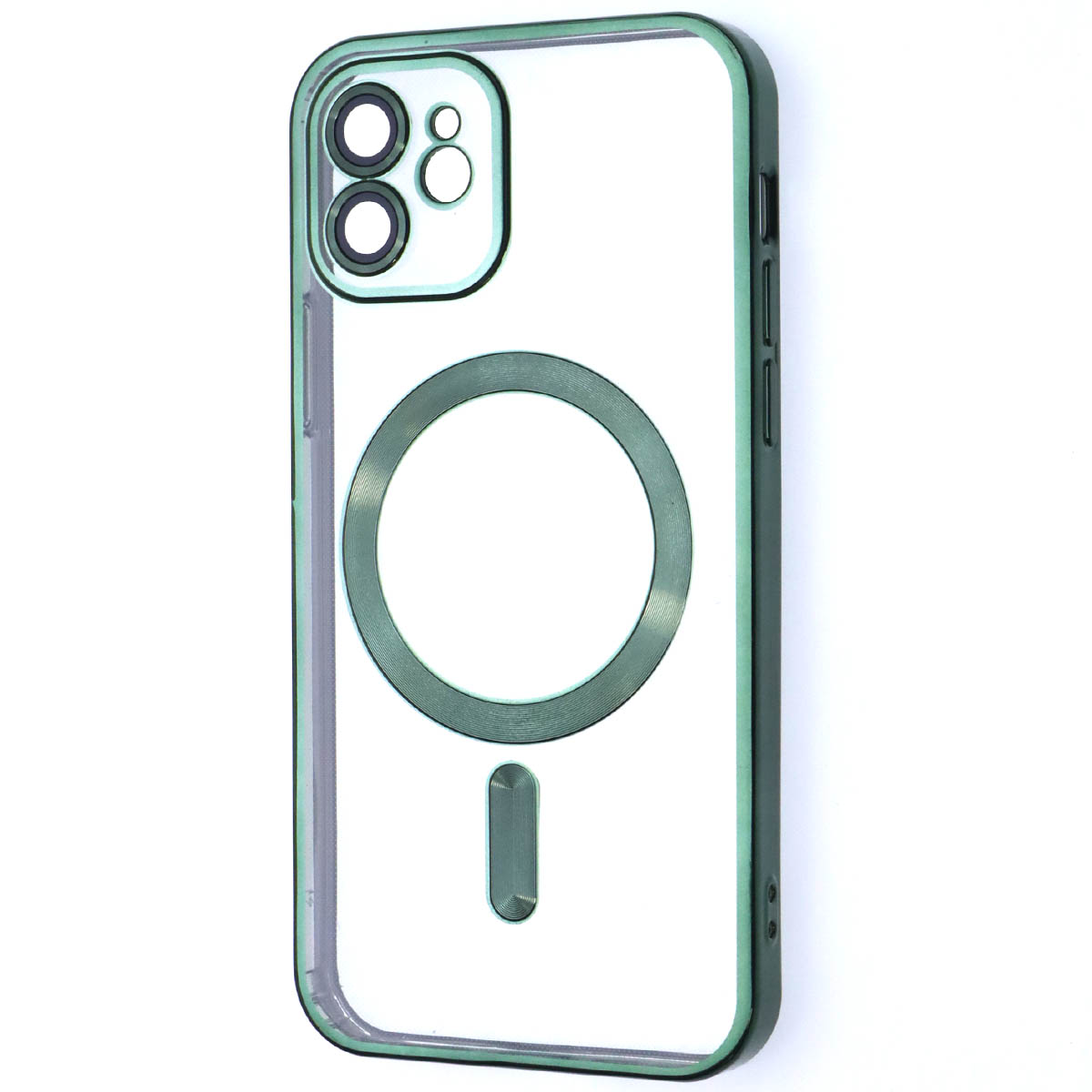 Чехол накладка FASHION CASE с поддержкой MagSafe для APPLE iPhone 12, силикон, защита камеры, цвет окантовки зеленый