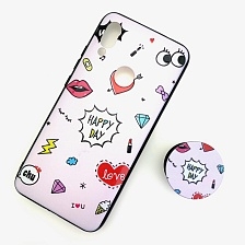 Чехол накладка для XIAOMI REDMI 7, силикон, попсокет, рисунок Happy Day, цвет белый.