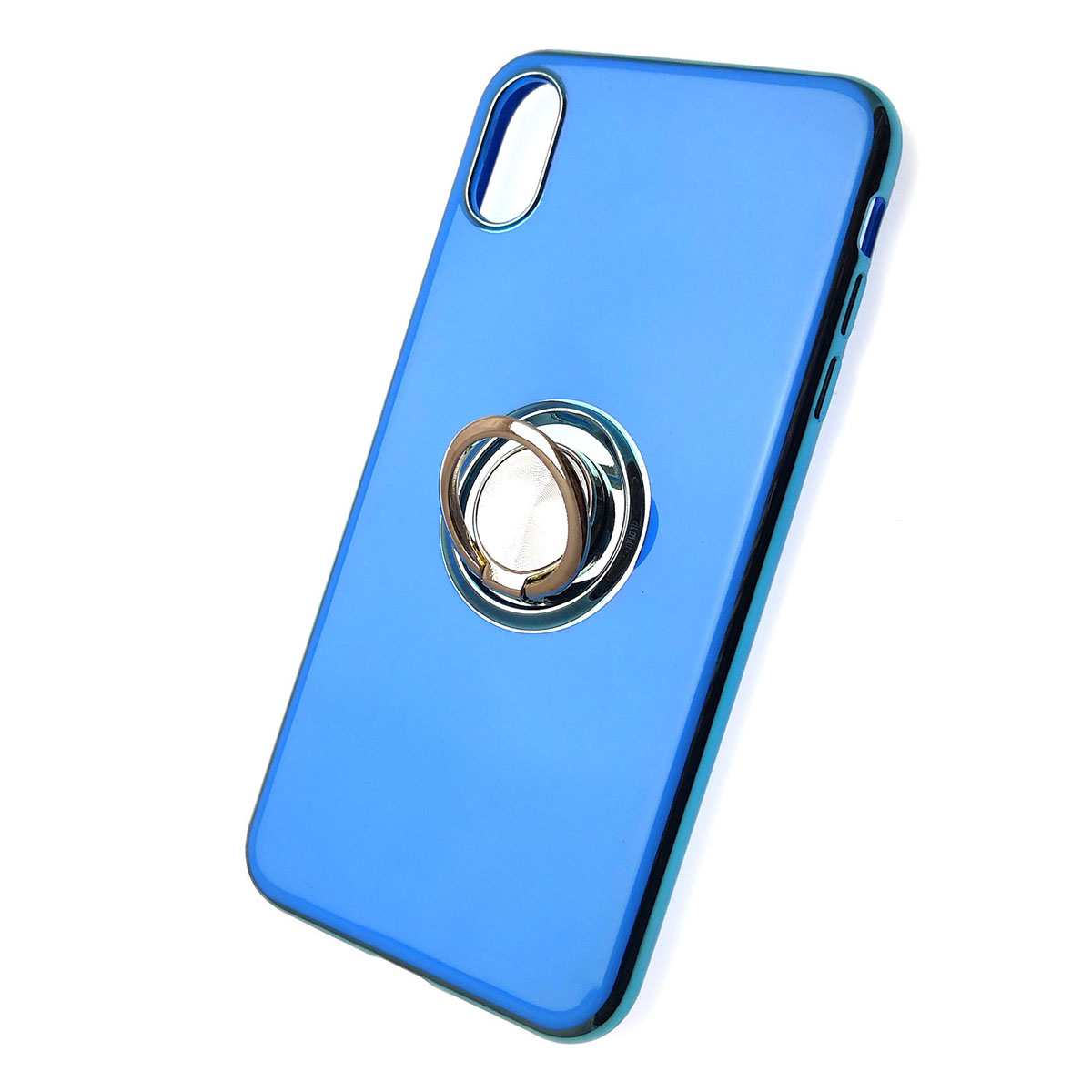 Чехол накладка для APPLE iPhone XS MAX, силикон, лого, кольцо держатель, цвет синий.