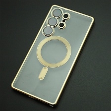 Чехол накладка FASHION CASE для SAMSUNG Galaxy S25 Ultra, с поддержкой MagSafe, силикон, защита камеры, прозрачный, цвет окантовки золотистый