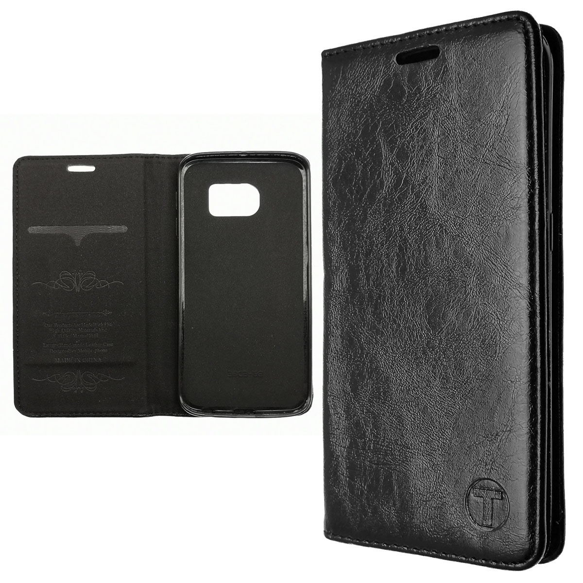 Чехол книжка для SAMSUNG Galaxy S6 Edge (SM-G925), экокожа, визитница, цвет черный.