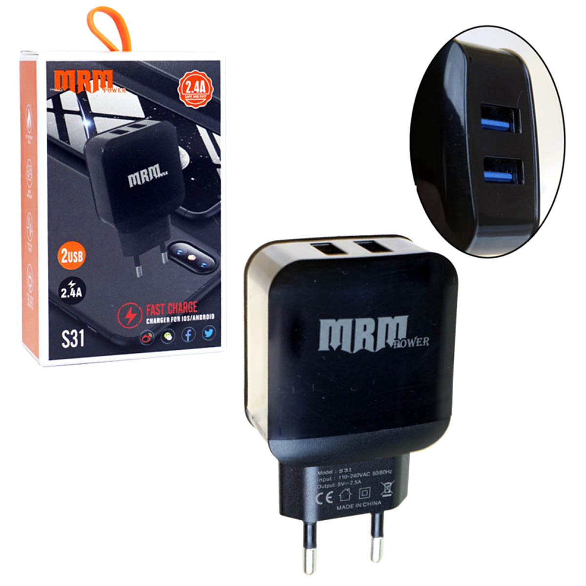 СЗУ (Сетевое зарядное устройство) MRM S31, 2 USB порта, цвет черный