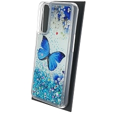 Чехол накладка для Realme 7, силикон, переливашка, блестки, рисунок синяя бабочка и цветы