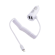 АЗУ (Автомобильное зарядное устройство) 2 USB - 5V/2.1A, с витым кабелем Apple Lightning 8-pin.
