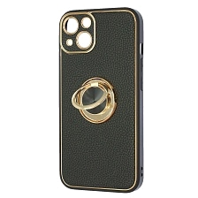 Чехол накладка для APPLE iPhone 13 (6.1"), силикон, пластик, экокожа, металл, кольцо держатель, защита камеры, цвет черный