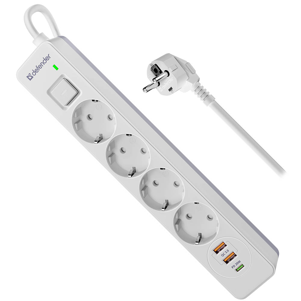 Сетевой фильтр Defender DFS 143, 3 метра, 4 розетки, 2 USB QC3.0, 1 Type-C PD20W, цвет белый Сетевой фильтр Defender DFS 143, 3 метра, 4 розетки, 2 USB QC3.0, 1 Type-C PD20W, цвет белый