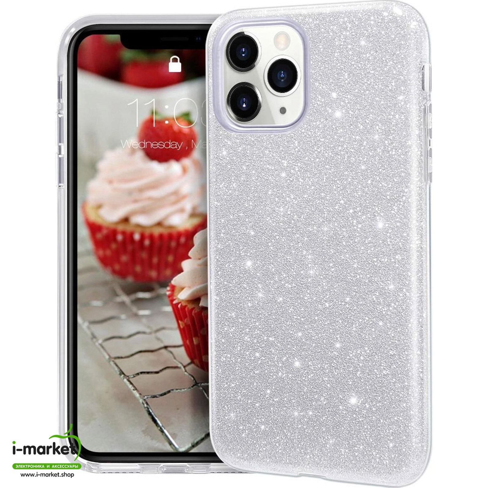 Чехол накладка Shine для APPLE iPhone 11 Pro, силикон, блестки, цвет серебристый