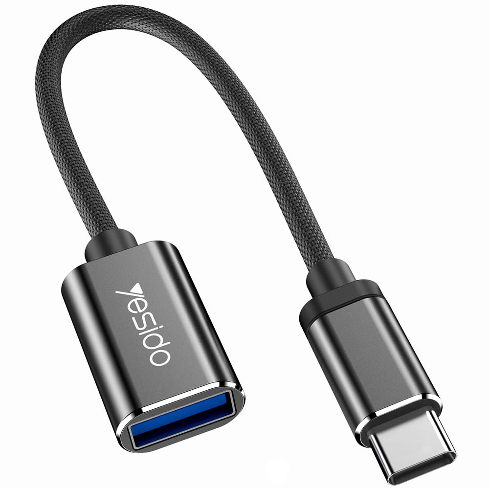 Адаптер, OTG переходник YESIDO GS01 с USB 2.0 (мама) на USB Type C (папа), металл, нейлон, цвет черный