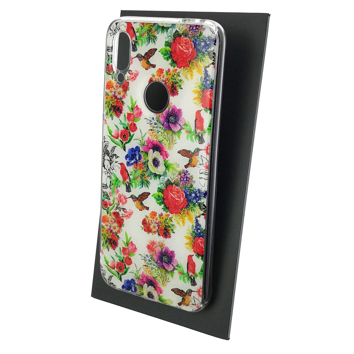 Чехол накладка для XIAOMI Redmi Note 7, Note 7 Pro, силикон, блестки, глянцевый, рисунок Колибри цветы