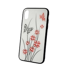 Чехол накладка для APPLE iPhone X, стекло, пластик, стразы, рисунок Бабочки и цветочки.