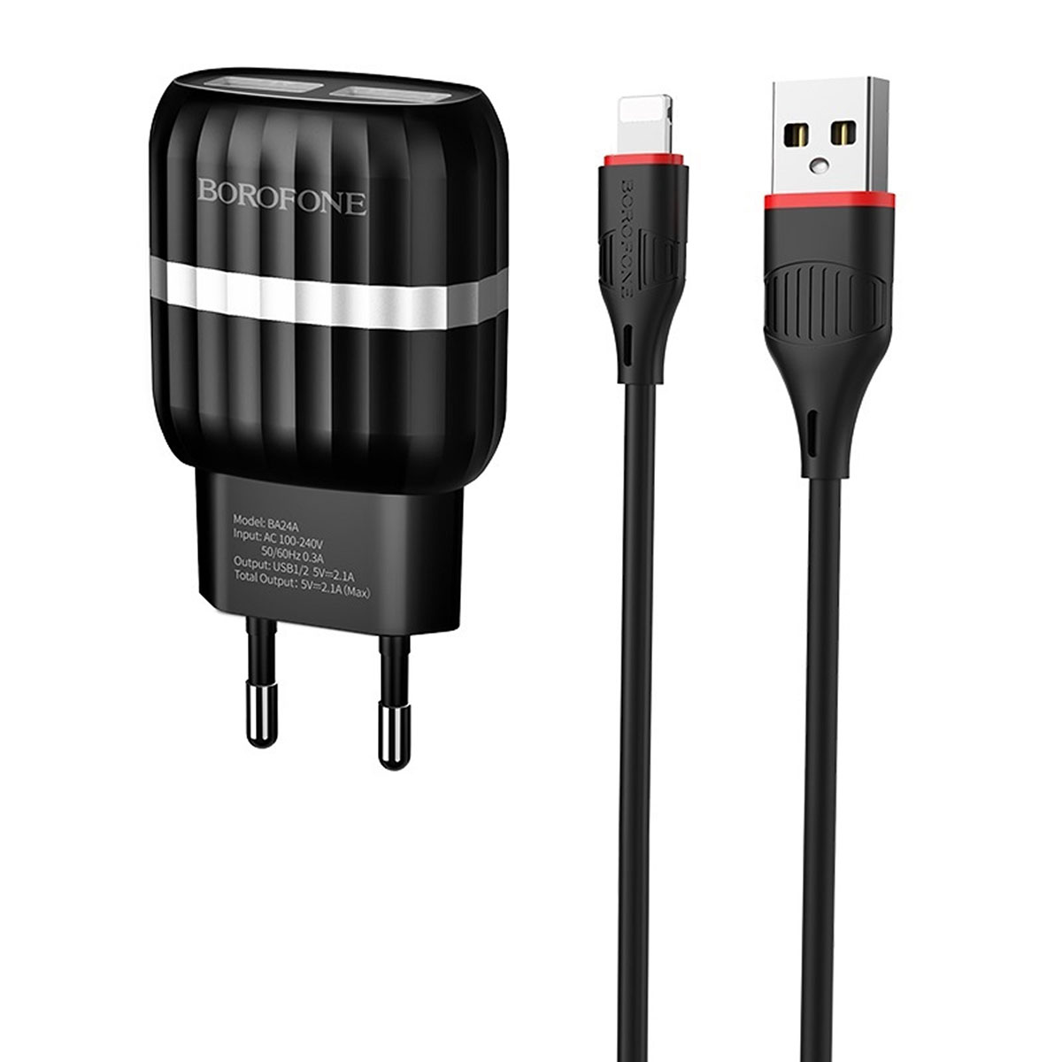 BOROFONE BA24A Vigour СЗУ 2 в 1 (сетевое зарядное устройство 5V-2.1A) + кабель APPLE Lightning 8-pin, длина 1 метр, цвет черный.